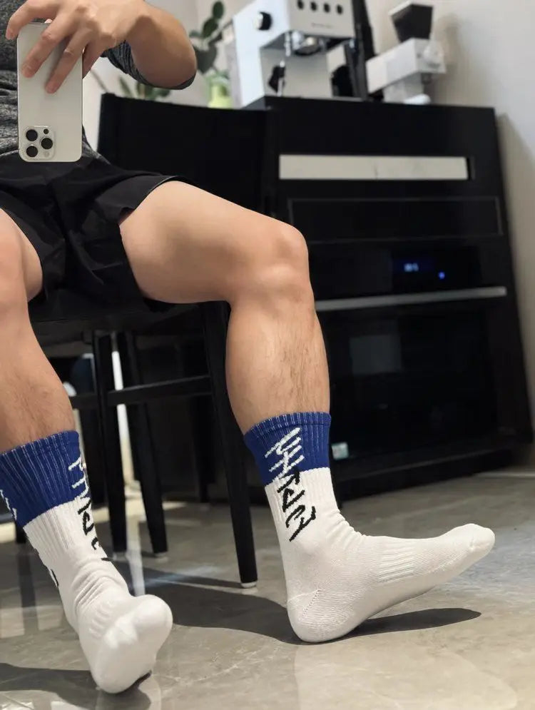New Design Men's Socks Middle Tube Comfortable Football Sports Sock Letter Print Patchwork Stocking Socks
