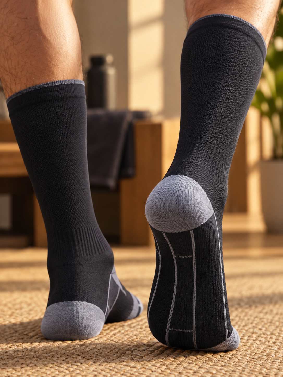 Black 20-30 mmHg compression socks — low-angle rear lifestyle view showing support panels