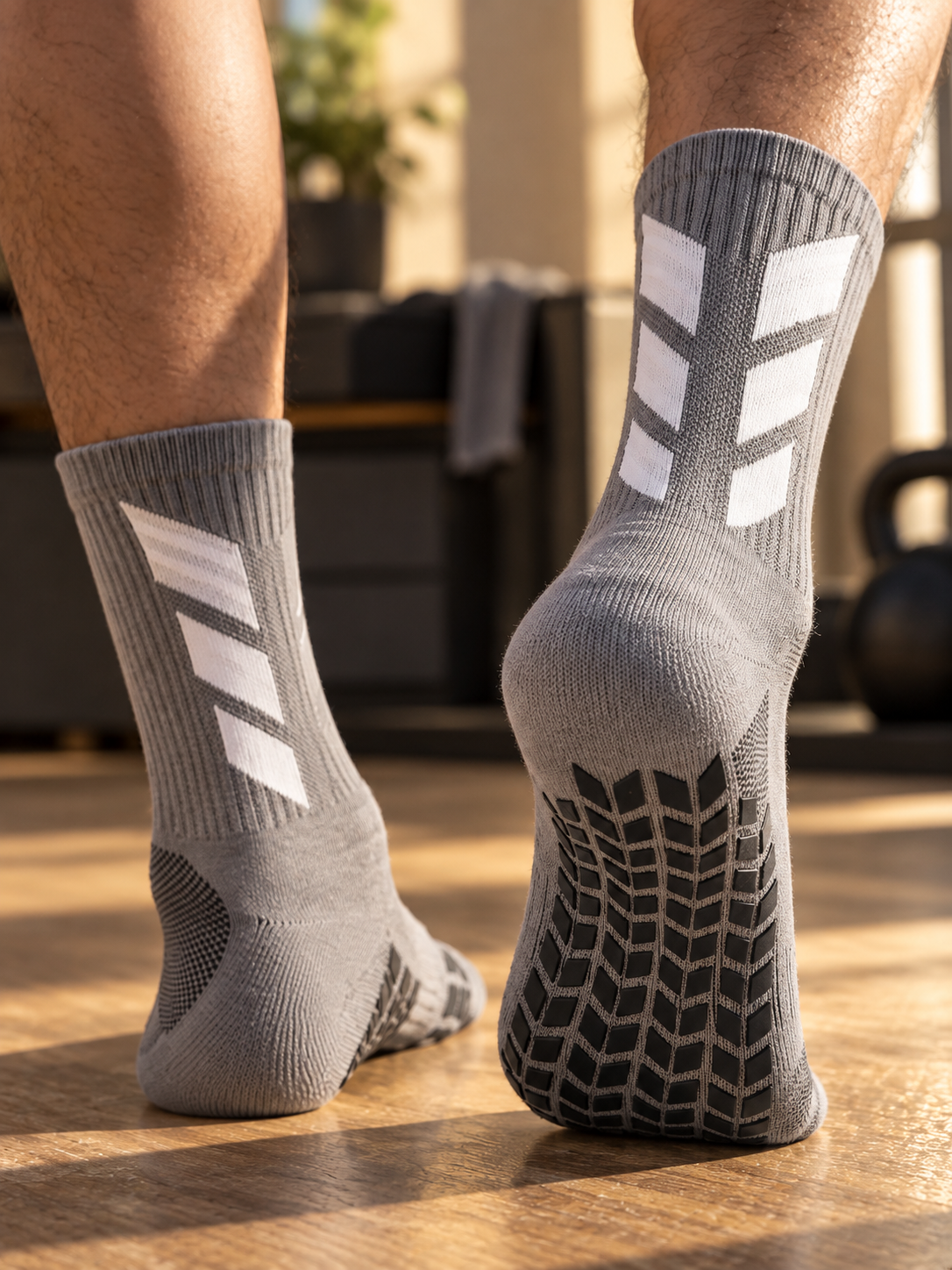 Lock-In Grip Training Socks in gray — low-angle rear lifestyle view showing non-slip sole