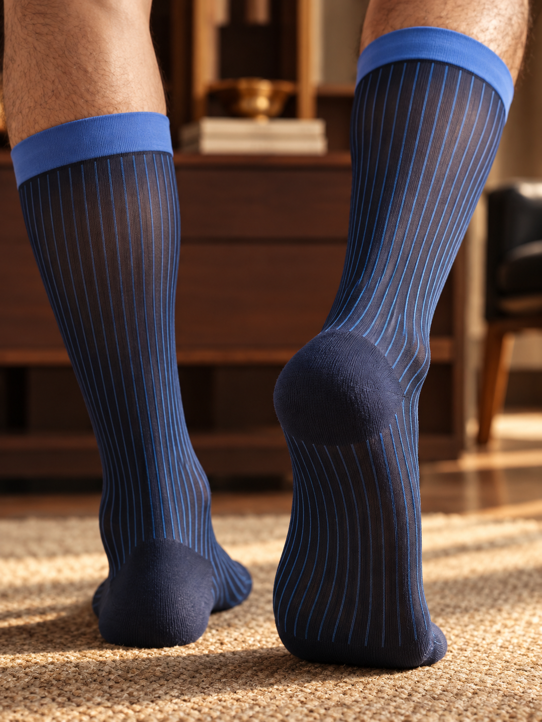 Blue sheer pinstripe knee-high socks — low-angle rear fashion lifestyle view