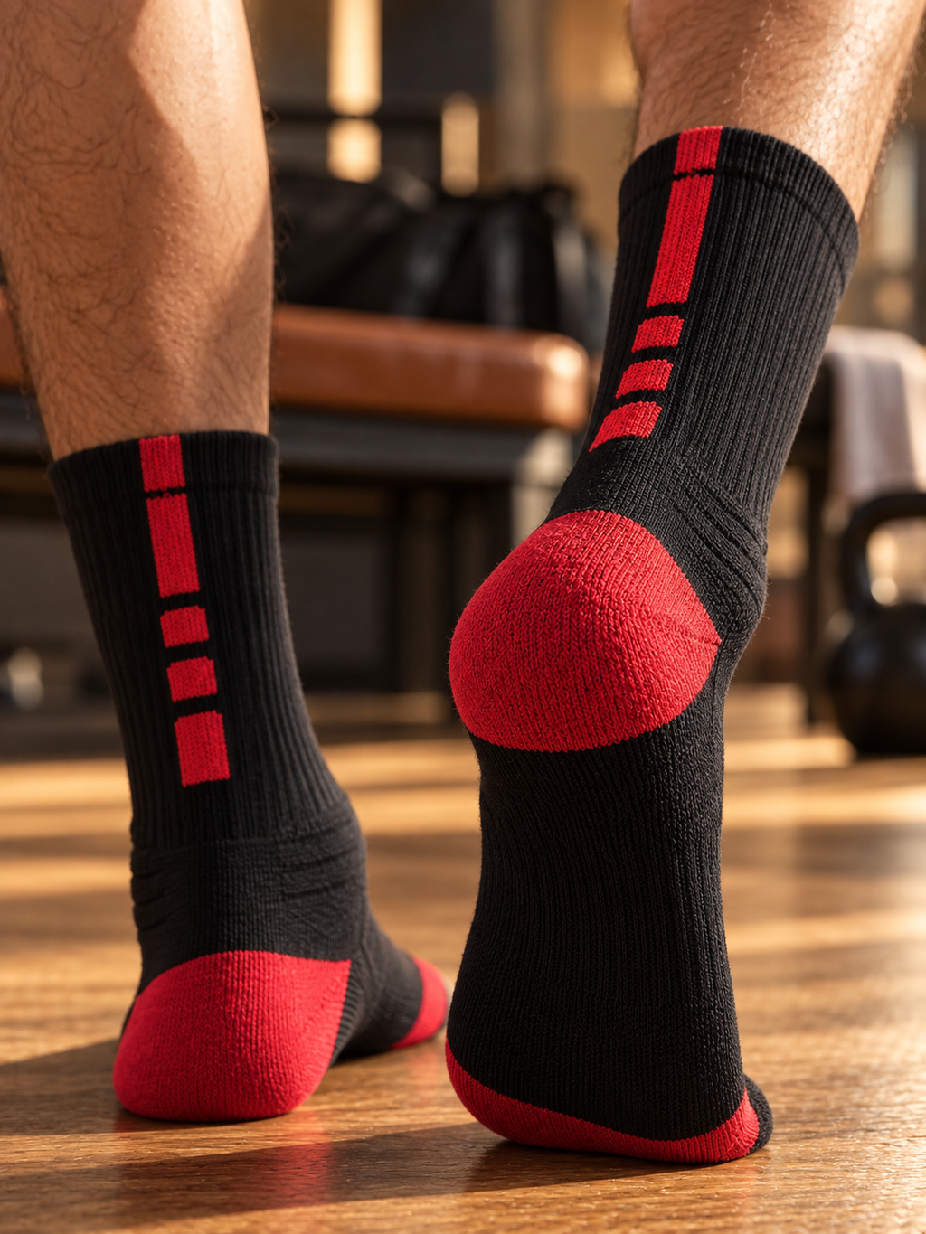 Black and red cushioned sport socks — low-angle rear lifestyle view